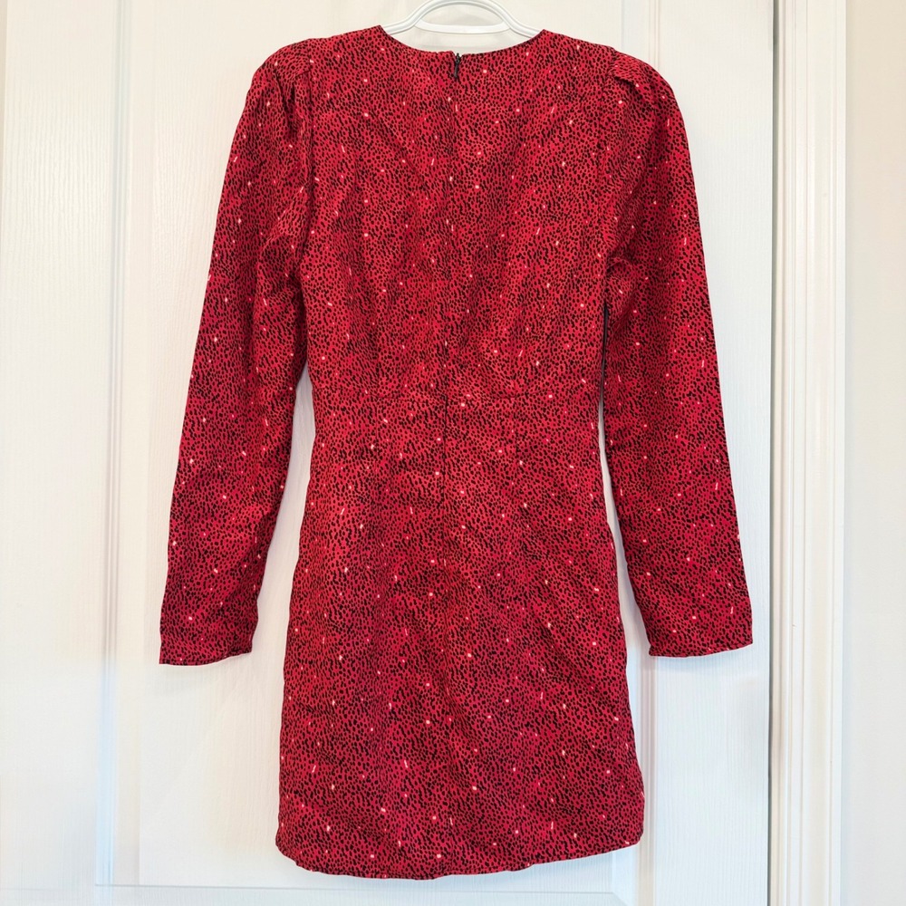ZARA Red Animal Print Ruched Mini Dress Long Sleeve V Neck Draped Date Night XS - Picture 4 of 10